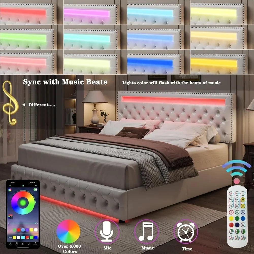 LED Bed Frame with 4 Drawers, RGB LED Light Headbaord Footboard, Adjustable Upholstered Headboard Diamond Bed Frame
