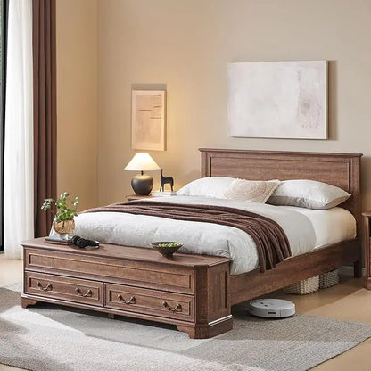 Farmhouse Queen Bed with Headboard and Storage Bench, Rustic Wood Platform Bed with 64" Storage Chest w/ 4 Large,Customized