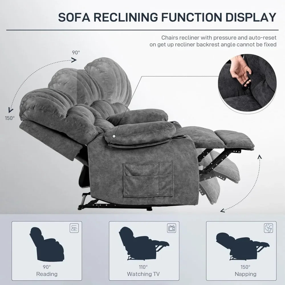 The New-Recliner Chair Modern Ergonomic Lounge Single Sofa Seat Living Room Gravity Recliners Foam Filling 2 Cup Holders & Side