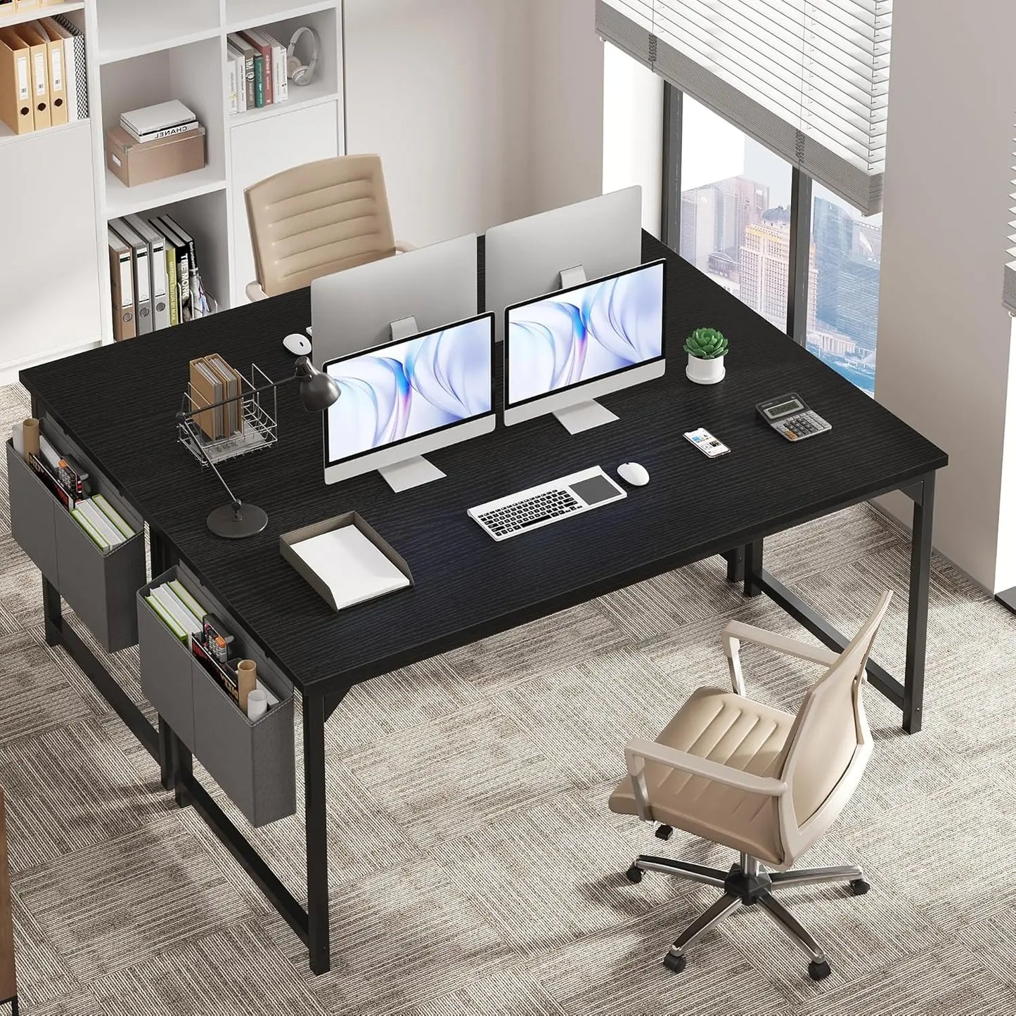 63 Inch Computer Desk for Small Spaces, Gaming Office Work Table with Storage Bag, Black White Brown