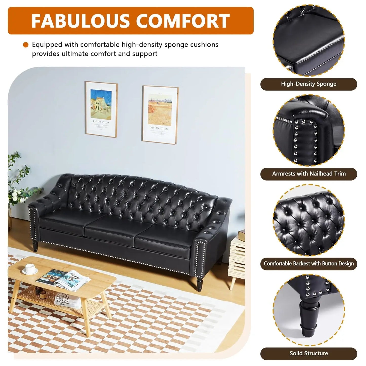 Mid-Century Modern Leather Couch, 80" Large Upholstered Sofa with High Back, Chesterfield Sofa Sleeper Settee , Customized