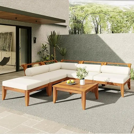 Outdoor Patio L-Shaped Sectional Sofa Set with Acacia Wood and Coffee Table for Conversation Seating