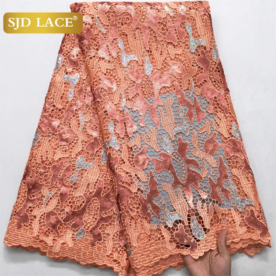 SJD LACE Nigerian Sequins Water Soluble Lace Fabrics 2025 High Quality African 5Yards Guipure Cord Lace for Women Dress Sew 4046