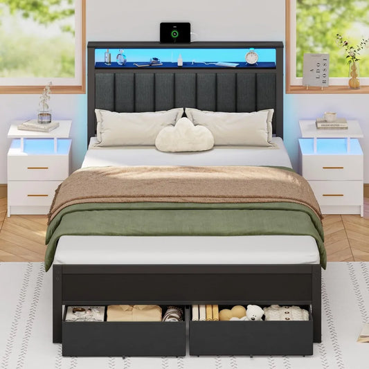 Size Bed Frame with Charging Station and LED Lights, Grey Upholstered Headboard with Shelves, 2 Under-Bed Storage Black Oak
