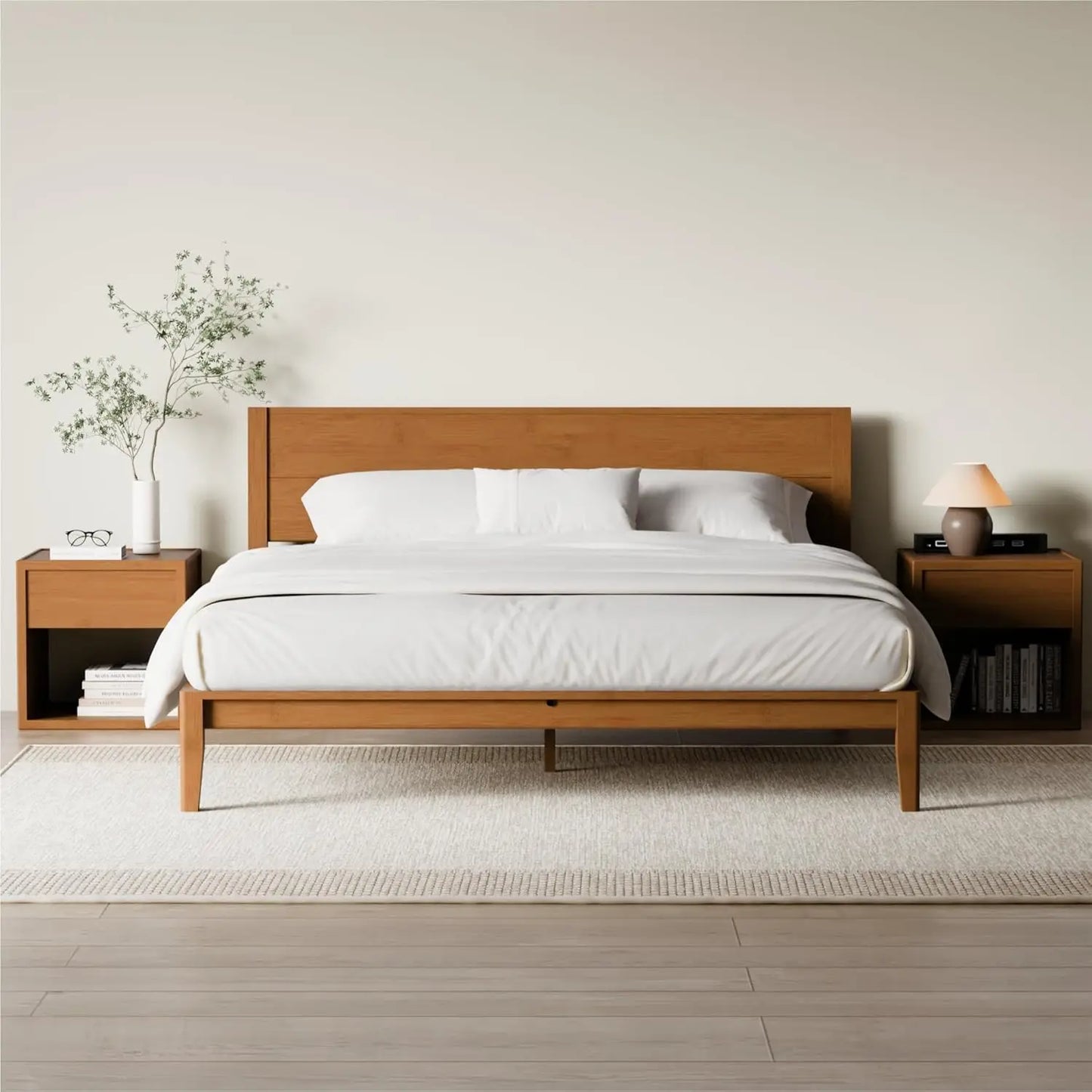 King Japanese Joinery Platform Bed Frame, Mid-Century with Tall Headboard, Noise-Free Solid Bamboo Wood, Customized
