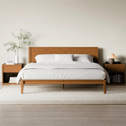 King Japanese Joinery Platform Bed Frame, Mid-Century with Tall Headboard, Noise-Free Solid Bamboo Wood, Customized