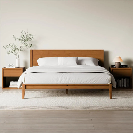 King Japanese Joinery Platform Bed Frame, Mid-Century with Tall Headboard, Noise-Free Solid Bamboo Wood, Customized