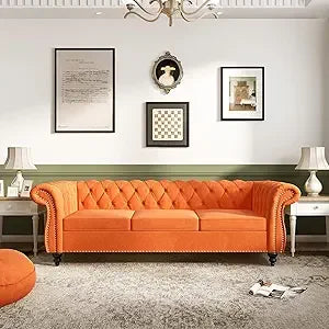 Chesterfield Leather Sofa 3 Seater Couch, Mid-Century Large Sofa Roll Arm Classic Tufted Settee Modern PU Sofa with Channel Tuf