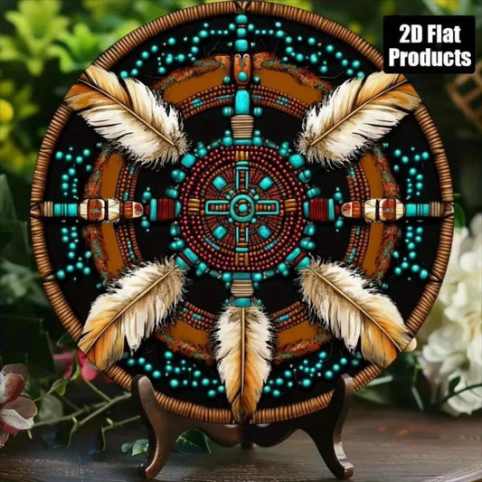 Native American-Themed 2D Flat Circular Aluminum Wall Plaque–8x8 Inch Vibrant Tribal Design in Turquoise, Orange, Brown & More"