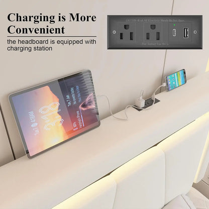 Queen Bed Frame with Storage Drawers, LED Headboard & Charging Station, Easy Assembly, White