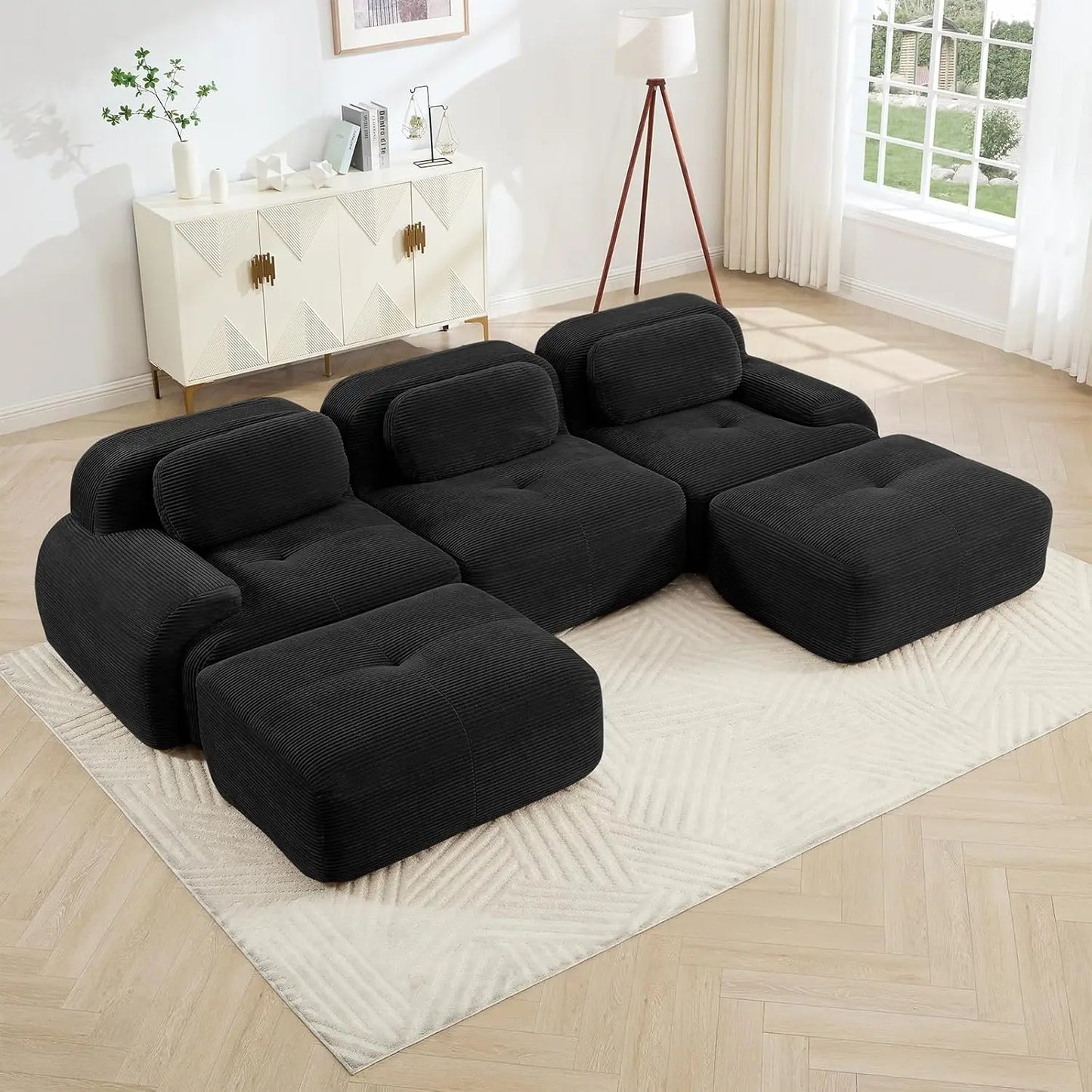 116" Modern Corduroy Cloud Sofa with Ottoman, U Shaped Boneless Modular Large Sectional Couches for Living Room, Green 3 Seater