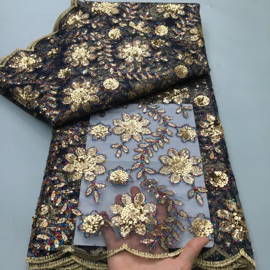 20225 French Flocking Tulle Lace Fabric High Quality 5 Yards Embroidered Sequins African Nigerian Lace Fabric for women Sewing