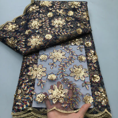 20225 French Flocking Tulle Lace Fabric High Quality 5 Yards Embroidered Sequins African Nigerian Lace Fabric for women Sewing