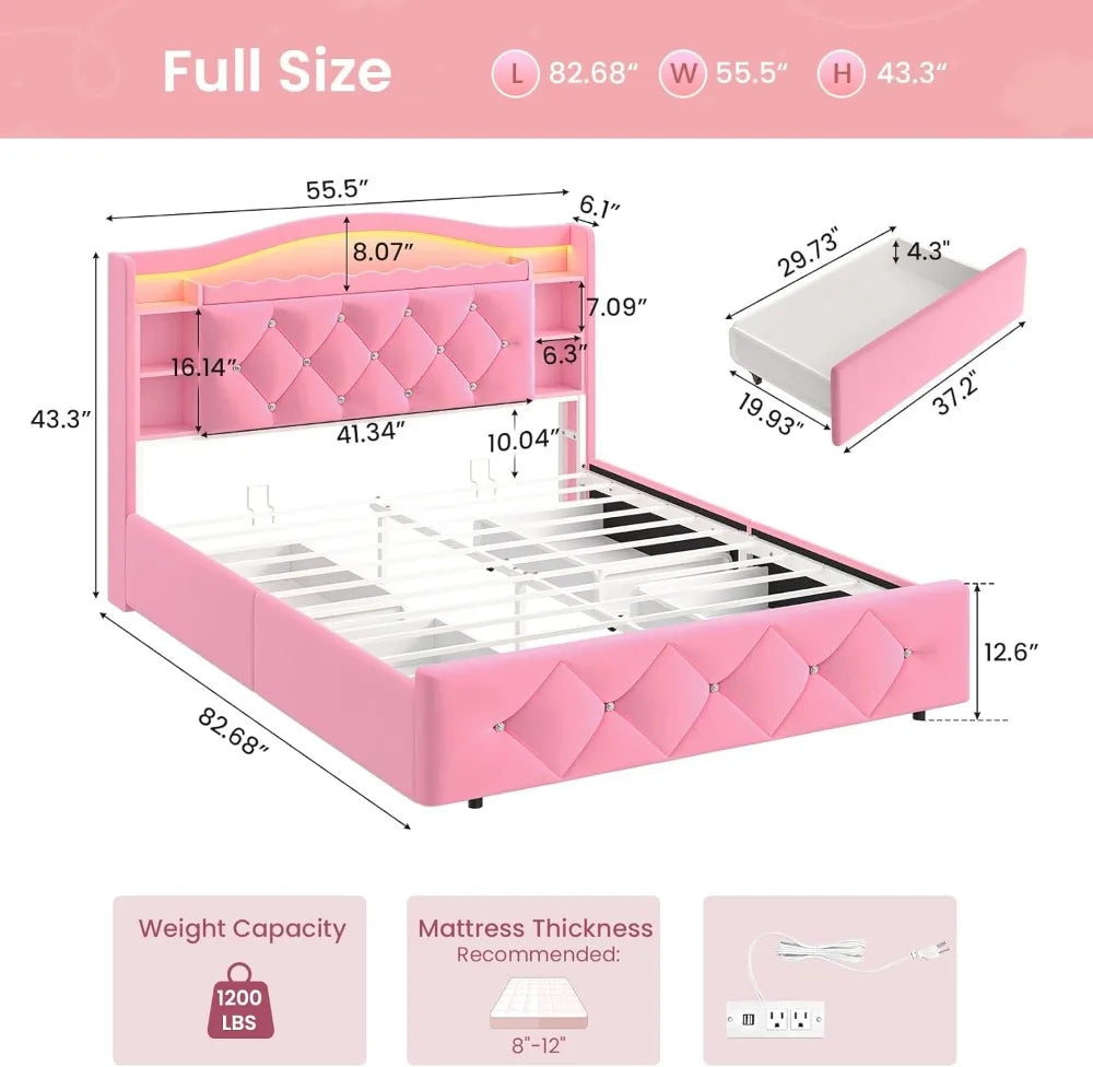 Pink Princess Bed Frame with Storage Drawers, LED Lights & USB Charging - Full Size Girls Platform Bed