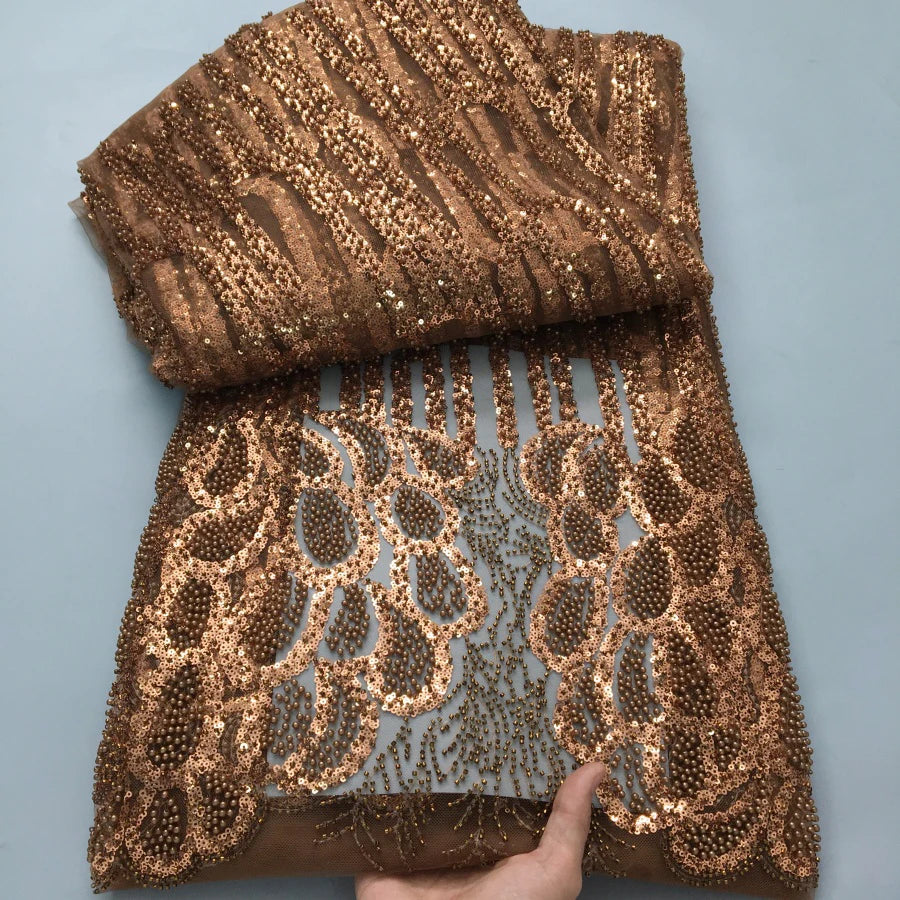 African Beads Lace Fabric 2025 High Quality 5 Yards Nigerian Sequins Beads Lace Fabric French Laces Fabrics For Party Dress Sew