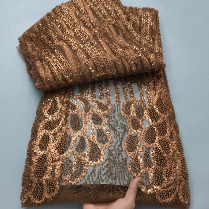 African Beads Lace Fabric 2025 High Quality 5 Yards Nigerian Sequins Beads Lace Fabric French Laces Fabrics For Party Dress Sew