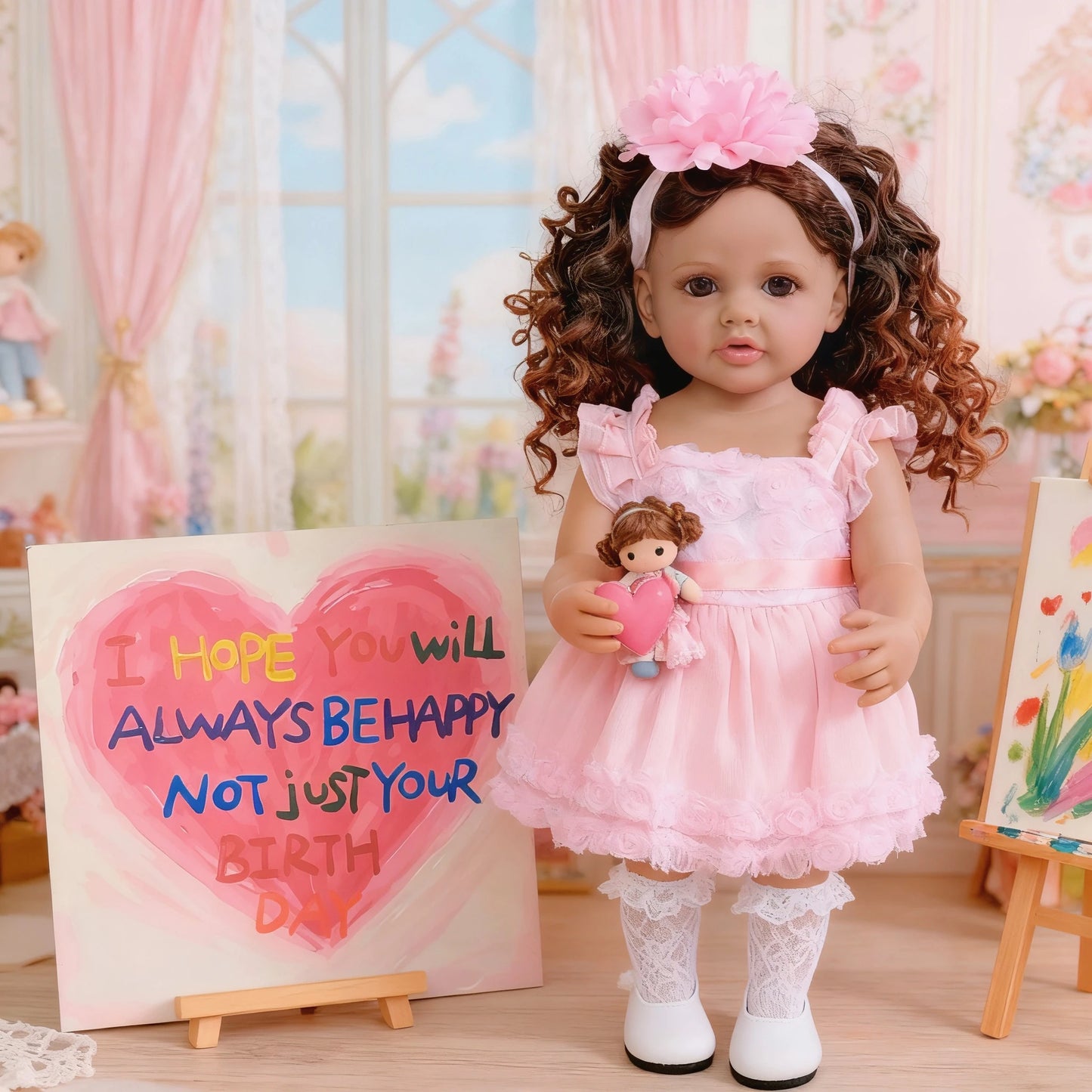 1PC realistic and beautiful reborn doll girl, 22-inch cute baby full-body soft band wig hair set gift box suitable for children,