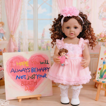 1PC realistic and beautiful reborn doll girl, 22-inch cute baby full-body soft band wig hair set gift box suitable for children,