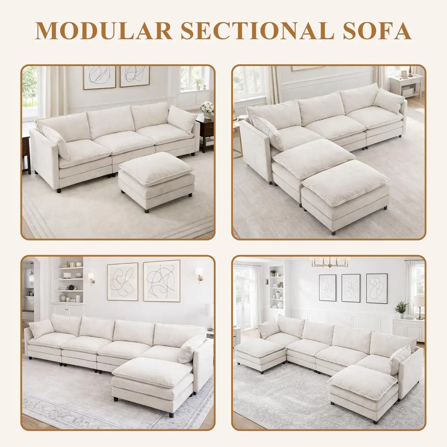 108" L Shaped Couch, Modular Sectional Sofa, Chenille Cloud Couch with Movable Ottoman, 3 Deep Seat Small Sectional, Customized