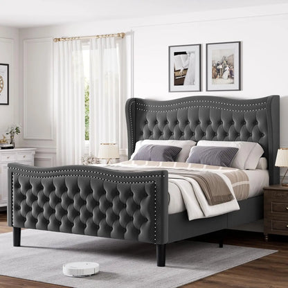 Full Bed Frame with Tall Headboard & Footboard,Velvet Upholstered Platform Bed Frame with Deep Button Tufted Wingback,Customized