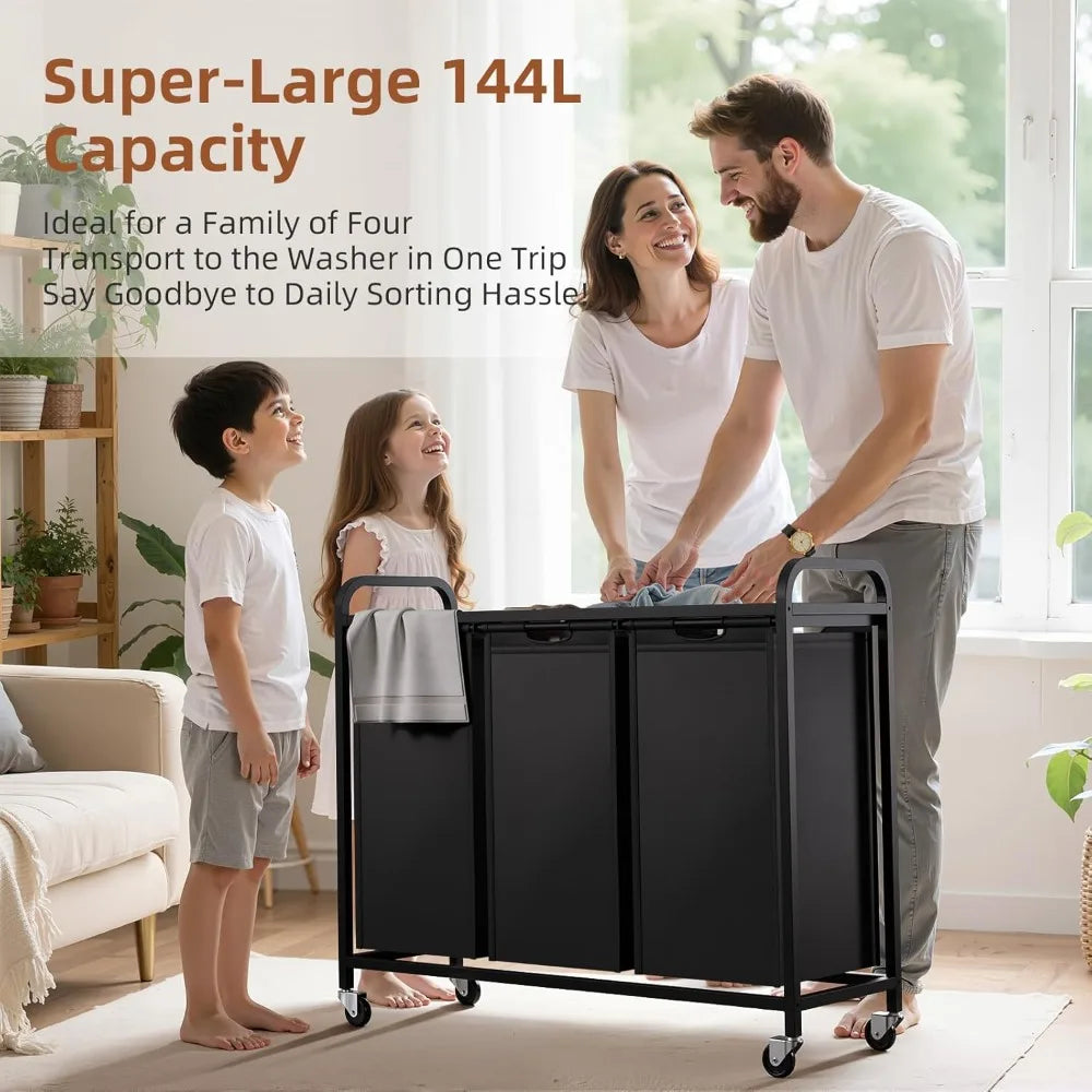 Rolling 3-Section Laundry Hamper with Pull-Out Bags, Top Shelf, and Wheels for Large Capacity Sorting