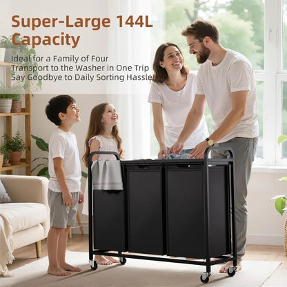 Rolling 3-Section Laundry Hamper with Pull-Out Bags, Top Shelf, and Wheels for Large Capacity Sorting