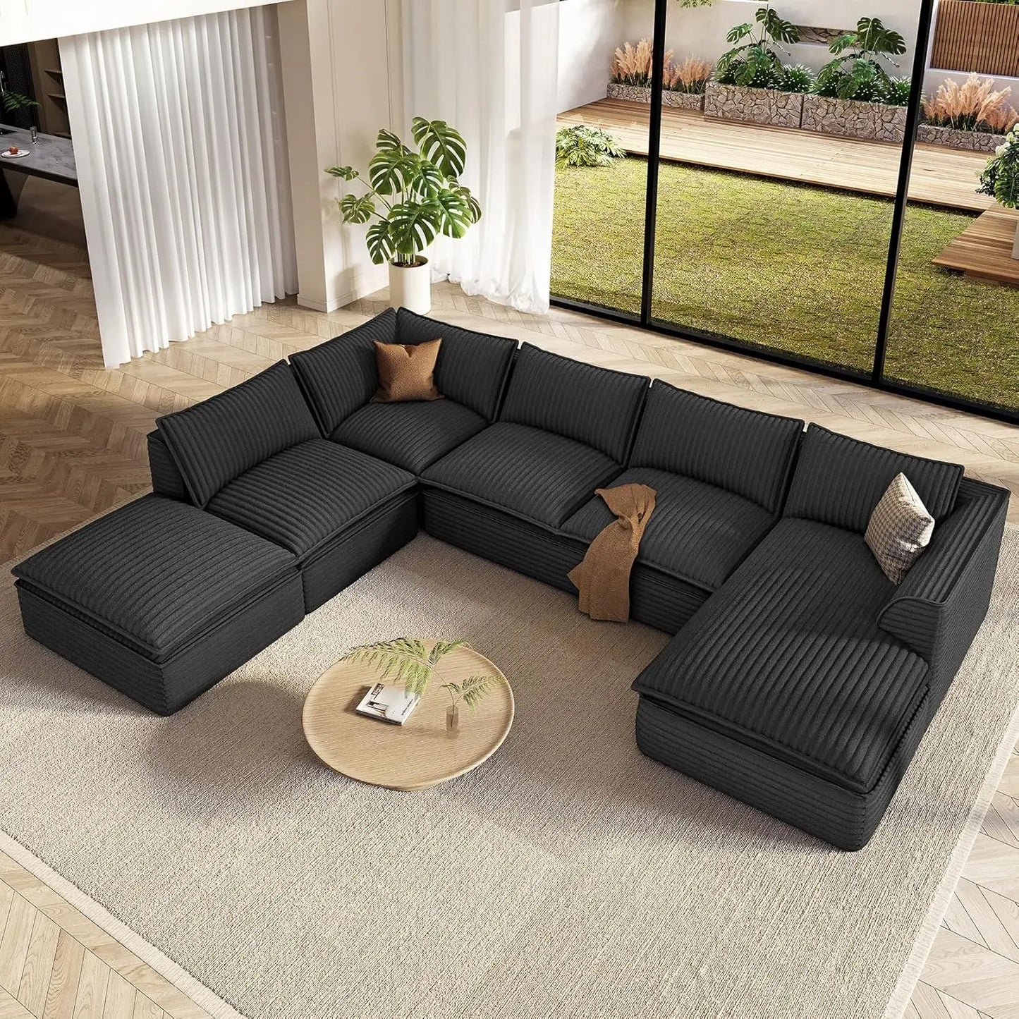 141.7" Oversized Boneless Sectional Couch, Modern 7 Seater Modular Sofa with Chaise & Ottoman, Deep Seat Corduroy, Customized