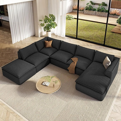 141.7" Oversized Boneless Sectional Couch, Modern 7 Seater Modular Sofa with Chaise & Ottoman, Deep Seat Corduroy, Customized