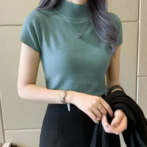 Korean Style Half Polo/turtle Neck Short Sleeves Knitted Top Women's Summer New Elegant Base Layer Top Slimming Cropped T-shirt