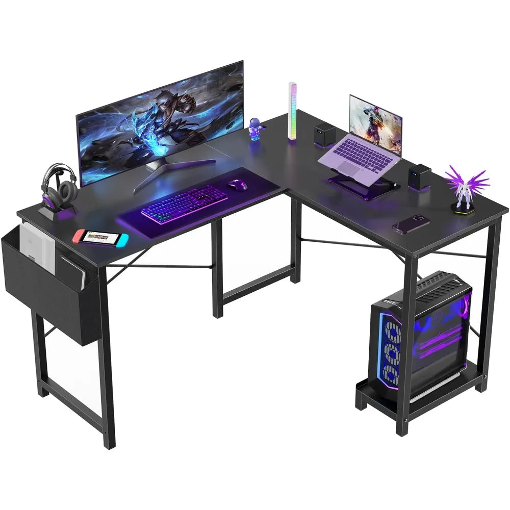 Corner Computer Desk with Gaming and Home Office Features, Including CPU Storage and Side Bag