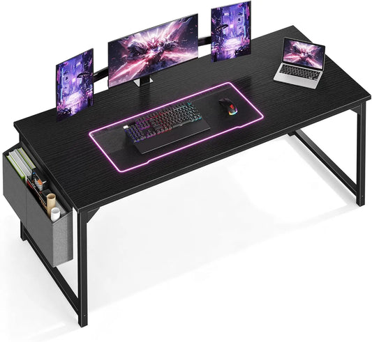 63 Inch Computer Desk for Small Spaces, Gaming Office Work Table with Storage Bag, Black White Brown