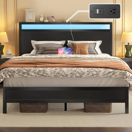 Queen Bed Frame with LED Lights, Charging Station, Storage Shelf, Noise-Free Design, Easy Assembly in Classic Black