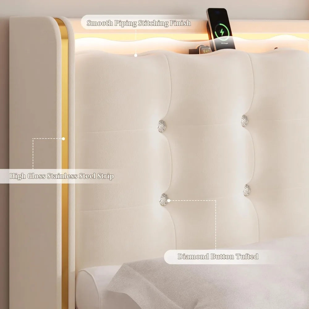 Upholstered Full Led Bed Frame with Charging Station and Storage Drawers, Velvet Princess Platform Bed Frames