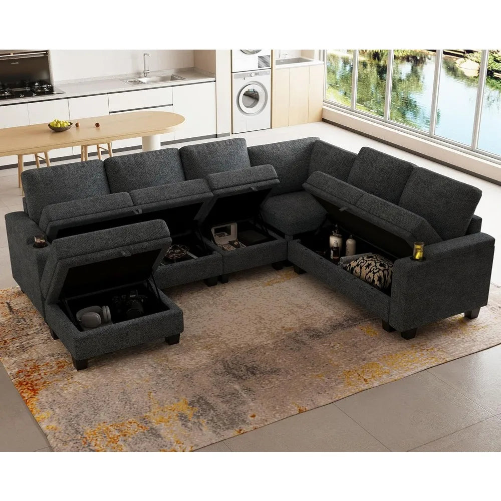 Chenille Modular Sectional Sofa Convertible L Shaped Corner Couches for Living Room with Storage Armrest with Cup Holder Dark G