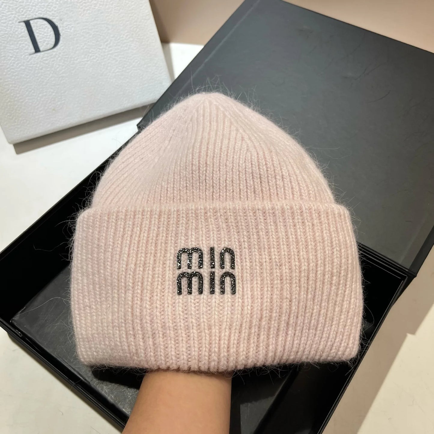 Luxury Rhinestones Fashion Women Winter Hats Real Rabbit Fur Wool Skullies Beanies Knitted Hat Lady Warm Walking Bonnet Cap  Pr