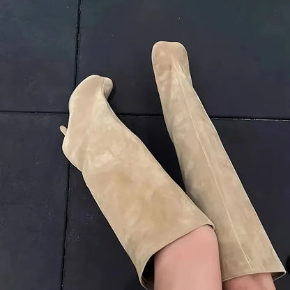 Women's Suede Knee High Boots Fashion Square Toe Stiletto Thin High Heels Pull On Party Dress Sexy Long Boots Woman