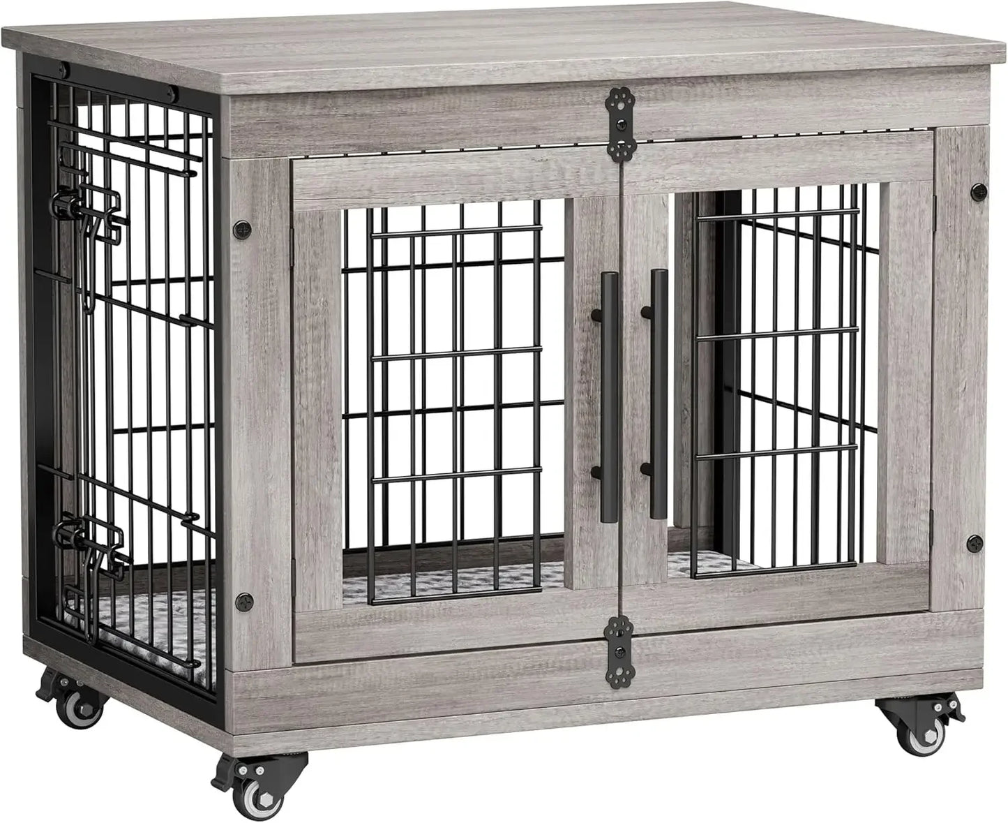 Dog Kennel Indoor Double Doors Wooden Dog Cage,  Heavy Duty Dog Crate with Cushion&Wheels,Decorative End Table Pet House