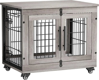 Dog Kennel Indoor Double Doors Wooden Dog Cage,  Heavy Duty Dog Crate with Cushion&Wheels,Decorative End Table Pet House