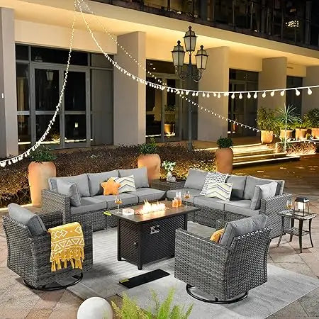 11 Piece Outdoor Patio Furniture Set with Fire Pit Table,Conversation Sectional Wicker Couch with Swivel Chairs,Modern Outside
