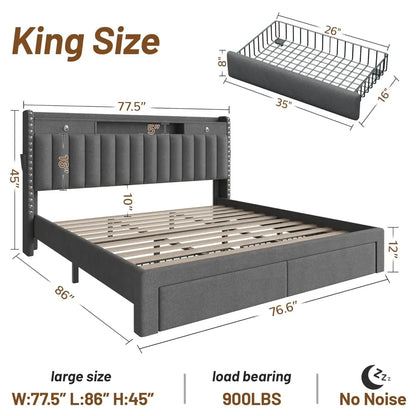 Bed Frame with 4 Storage Drawers, Upholstered Platform  Bed Frame and Headboard, 3 USB & Type-C, Customized