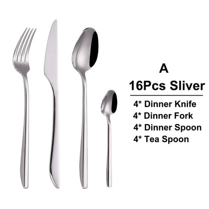 6/16/20/24/28Pcs Cutlery Set Stainless Steel 304 Tableware Mirror Sliver Dinner Set Western Knife Fork Spoon Elegant Flatware