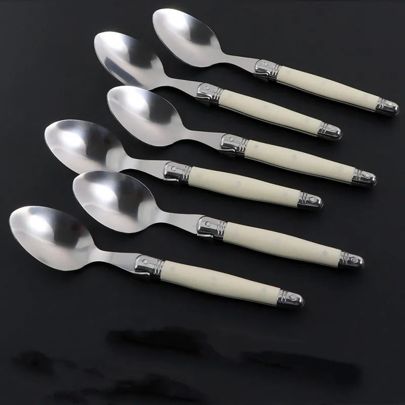 4/6/24pcs Laguiole Ivory White Silverware Stainless Steel Steak Knives Table Forks Dinner Spoons Dessert Teaspoon Xmas Cutlery