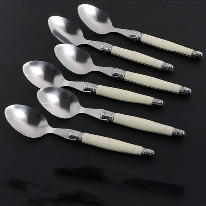 4/6/24pcs Laguiole Ivory White Silverware Stainless Steel Steak Knives Table Forks Dinner Spoons Dessert Teaspoon Xmas Cutlery