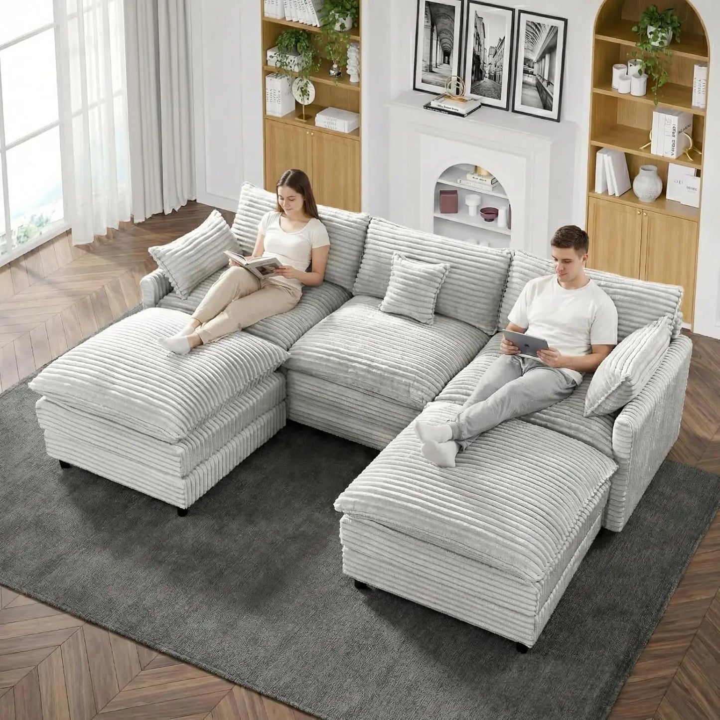 108" Cloud Couch, Modern U-Shaped Modular Sectional Sofa with 2 Ottomans & 5 Lumbar Pillows, 5-Seater Deep Seat, Customized