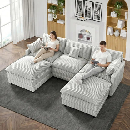 108" Cloud Couch, Modern U-Shaped Modular Sectional Sofa with 2 Ottomans & 5 Lumbar Pillows, 5-Seater Deep Seat, Customized