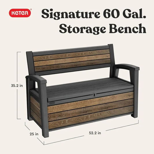 Signature 60 Gallon Storage Bench Deck Box - Patio Furniture, Porch Decor, Outdoor Seating, Store Garden Tools, Walnut