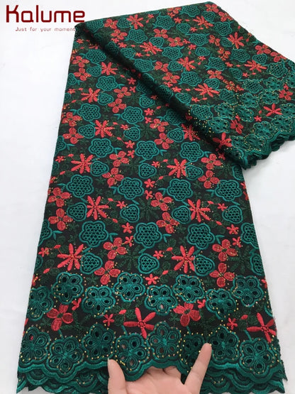 Kalume African Cotton Embroidered Lace Fabric With Stones 2025 Nigerian Swiss Voile Lace Fabric Flower For Sewing Dress F4325