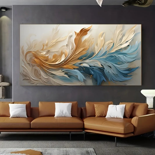 Modern abstract gold feather canvas art, suitable for interior decoration, 1.5 inch thick pine solid wood frame