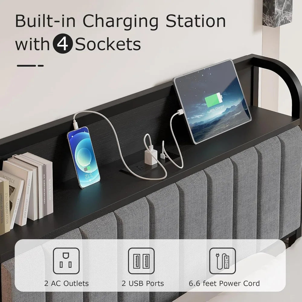 Twin Size Bed Frame with Upholstered Headboard, Sturdy Steel Slats, Easy Assembly in Grey & Black