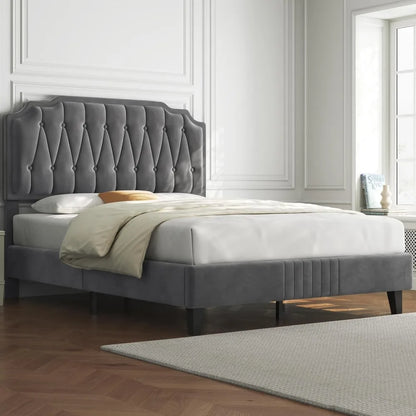 Bed Frame Velvet Upholstered Platform Bed with Curved Headboard, Height-Adjustable Headboard/Noise-Free/Wooden, Customized